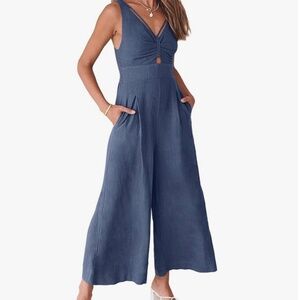 ANRABESS Blue Womens Jumpsuits Summer Linen Wide Leg Sleeveless - Medium